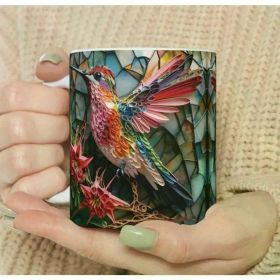 1pc, 11oz, Coffee Mug, Stained Glass Hummingbird Mug, Bohemian Coffee Cup, Colorful Ceramic Drinkware, Ideal for